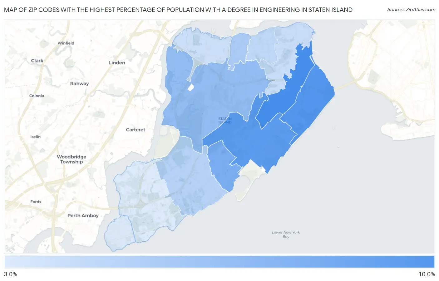 Zip Codes with the Highest Percentage of Population with a Degree in Engineering in Staten Island Map