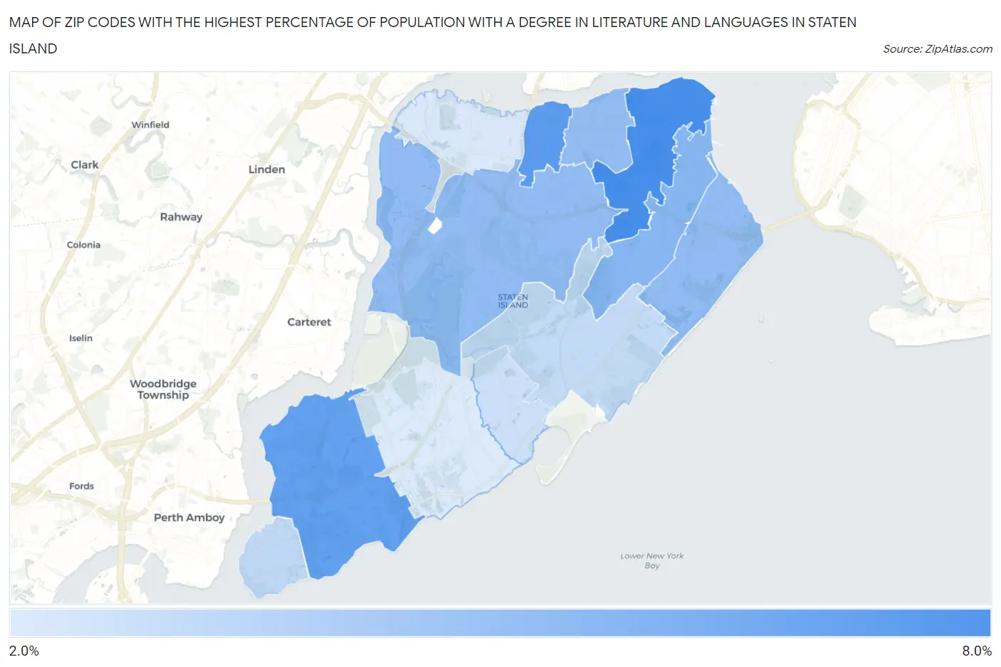 Zip Codes with the Highest Percentage of Population with a Degree in Literature and Languages in Staten Island Map