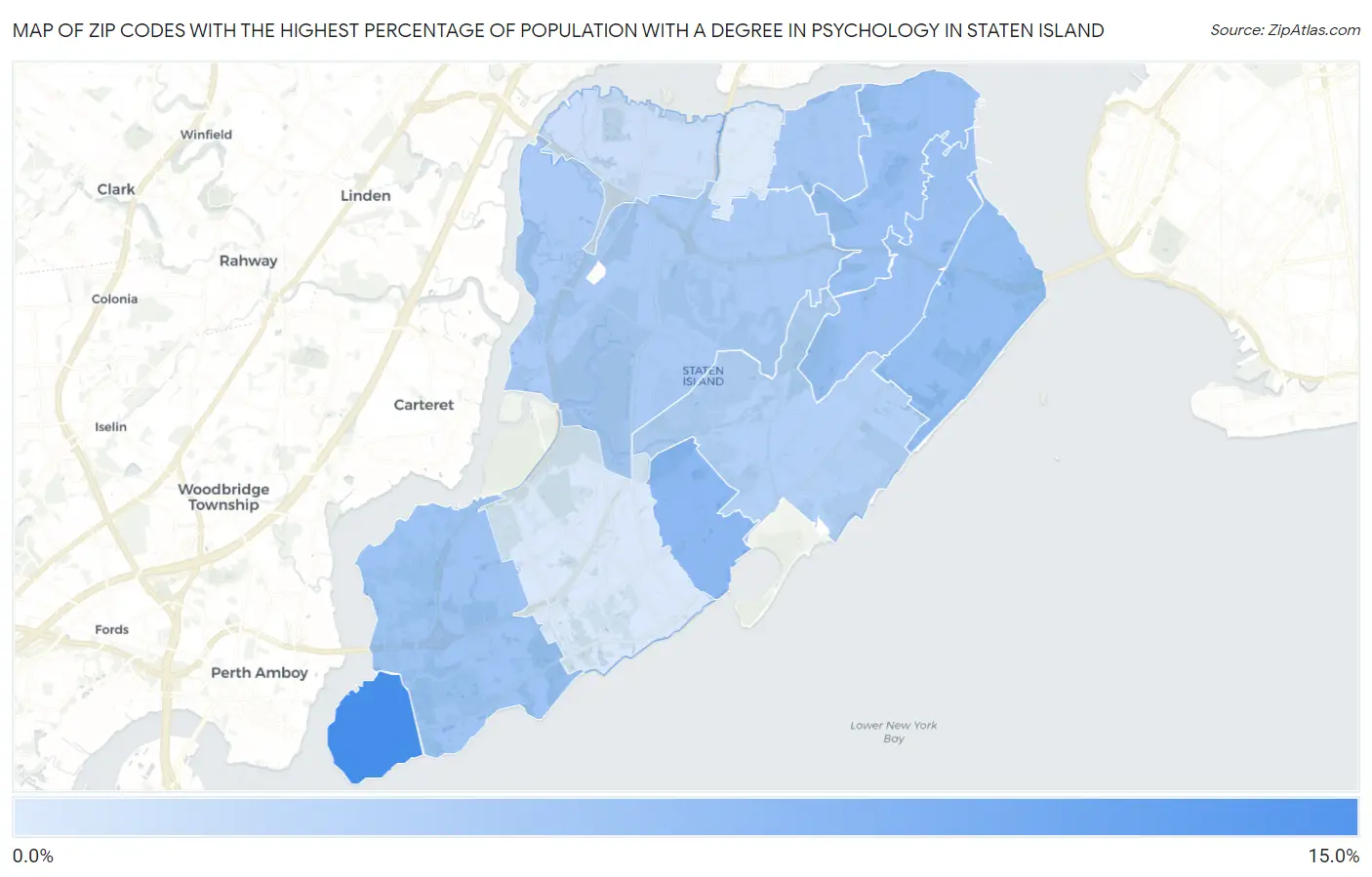 Zip Codes with the Highest Percentage of Population with a Degree in Psychology in Staten Island Map