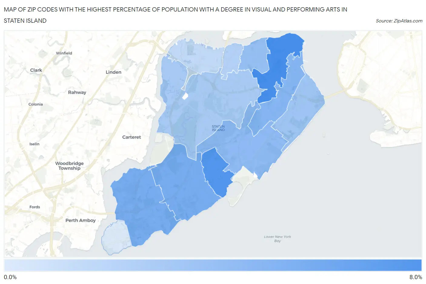Zip Codes with the Highest Percentage of Population with a Degree in Visual and Performing Arts in Staten Island Map