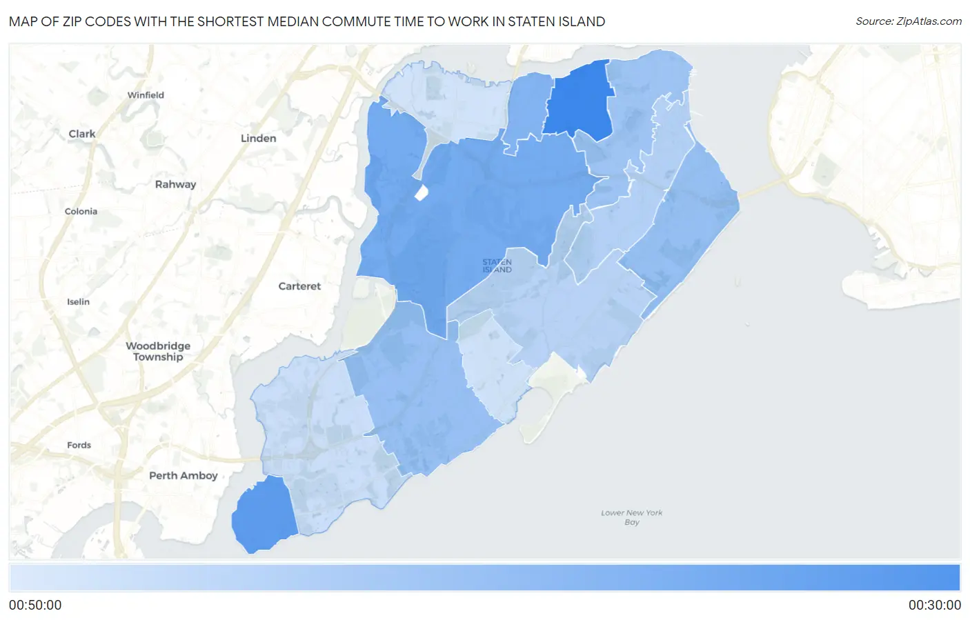 Zip Codes with the Shortest Median Commute Time to Work in Staten Island Map