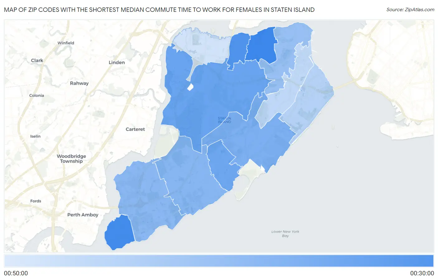Zip Codes with the Shortest Median Commute Time to Work for Females in Staten Island Map
