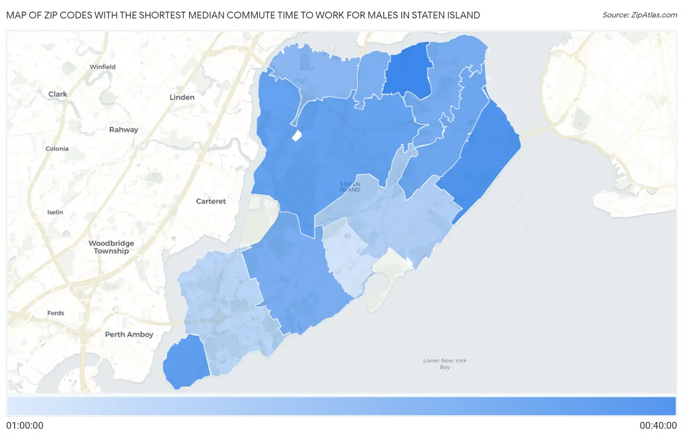 Zip Codes with the Shortest Median Commute Time to Work for Males in Staten Island Map
