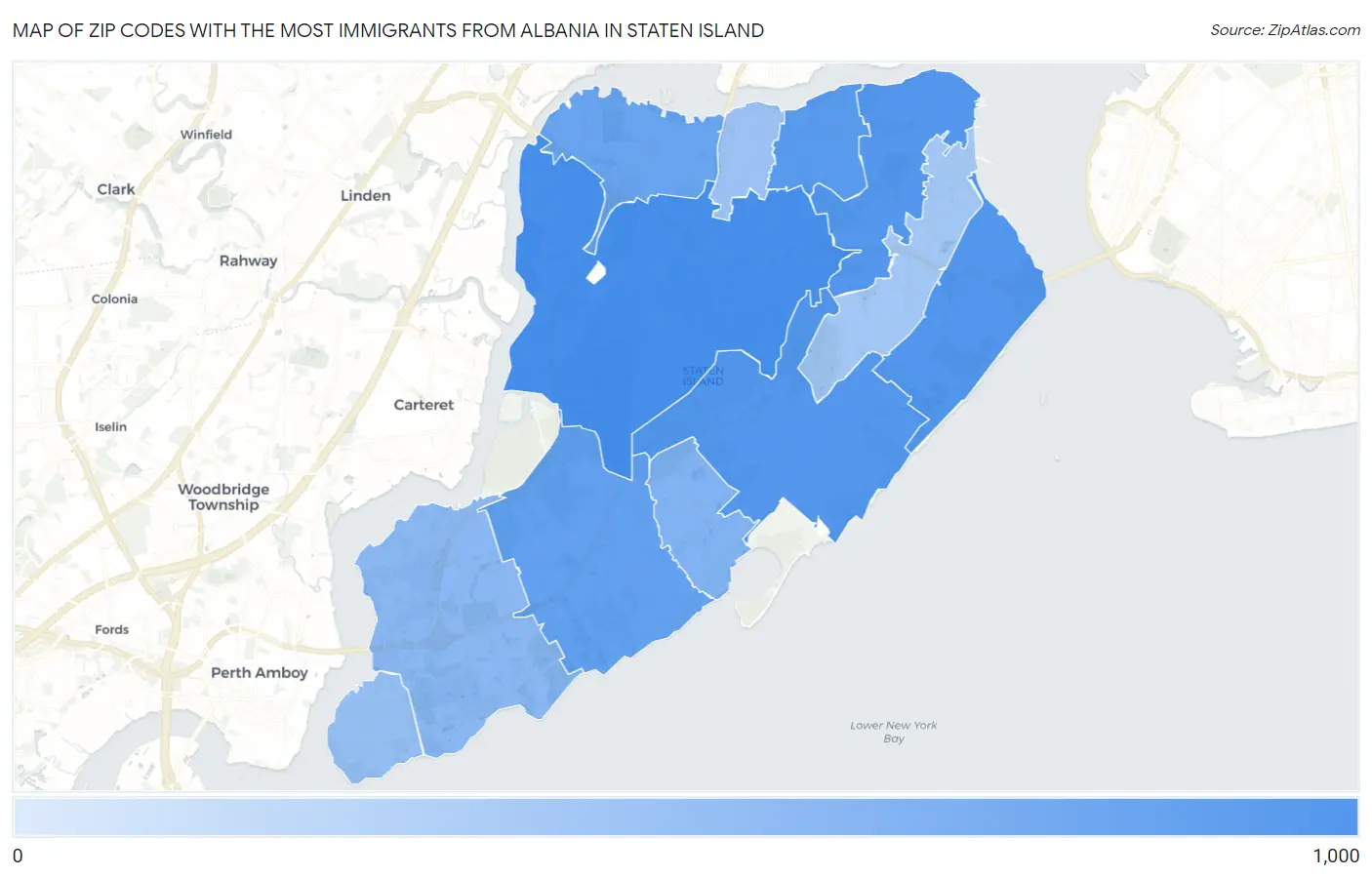 Zip Codes with the Most Immigrants from Albania in Staten Island Map