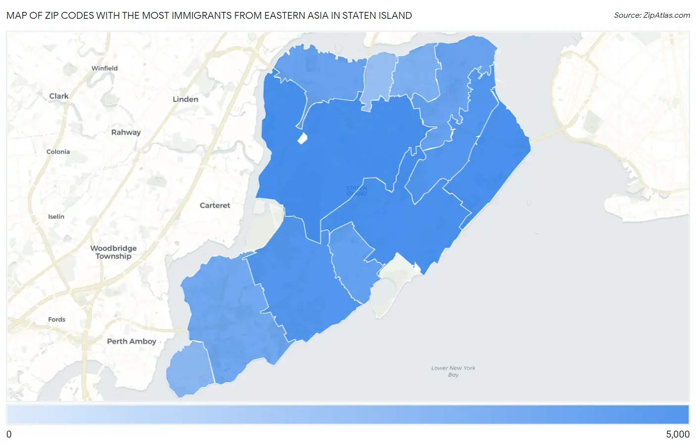 Zip Codes with the Most Immigrants from Eastern Asia in Staten Island Map