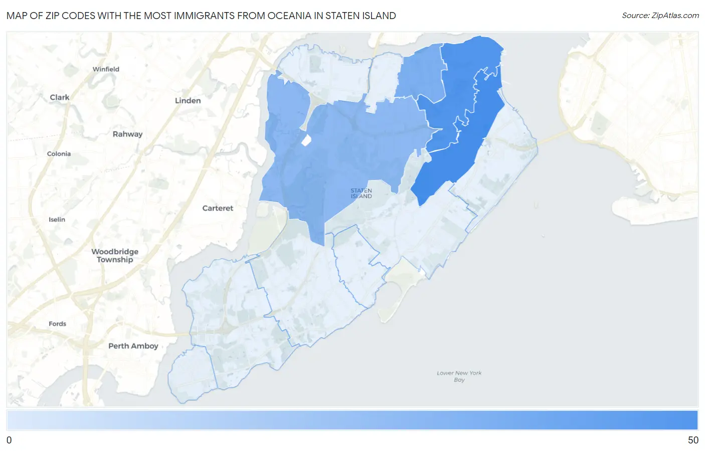 Zip Codes with the Most Immigrants from Oceania in Staten Island Map