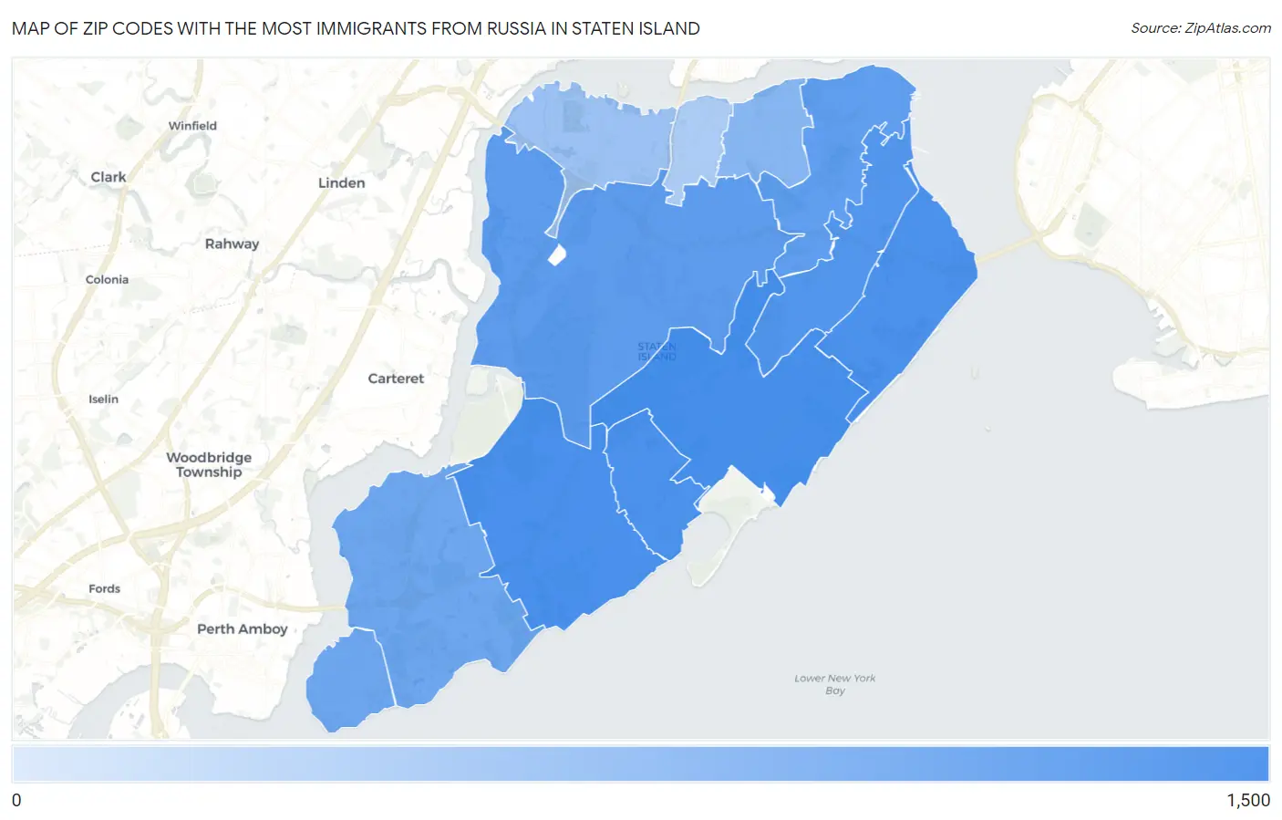 Zip Codes with the Most Immigrants from Russia in Staten Island Map