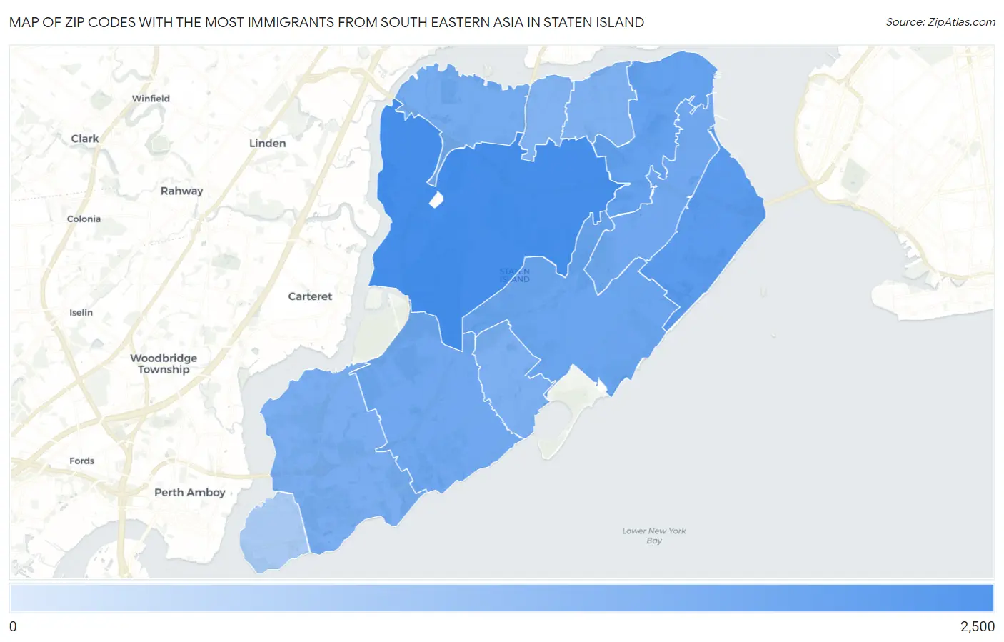 Zip Codes with the Most Immigrants from South Eastern Asia in Staten Island Map
