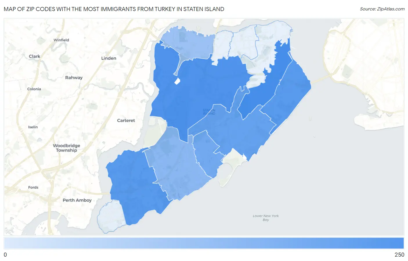 Zip Codes with the Most Immigrants from Turkey in Staten Island Map