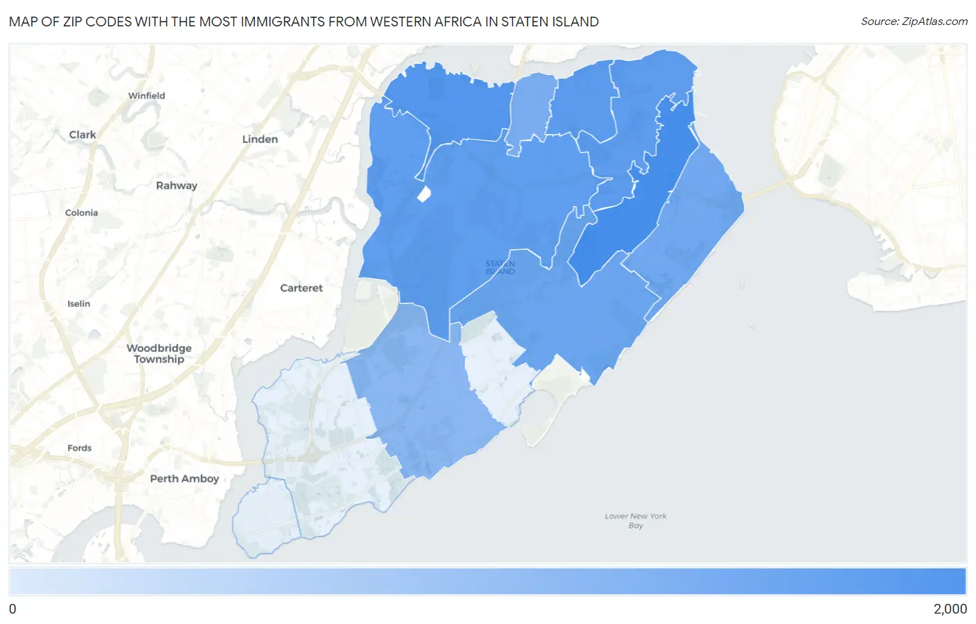 Zip Codes with the Most Immigrants from Western Africa in Staten Island Map
