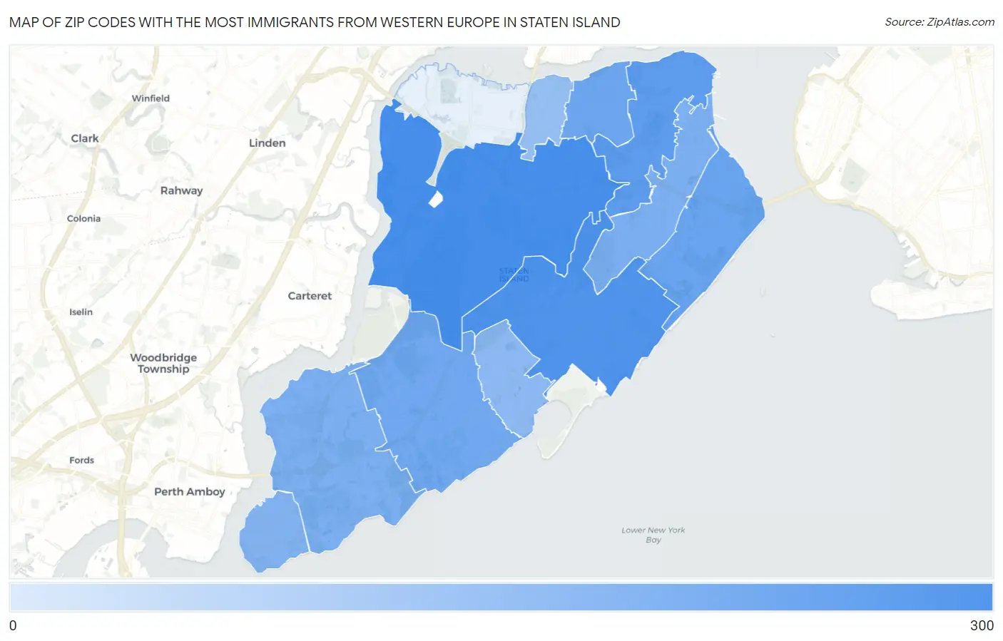 Zip Codes with the Most Immigrants from Western Europe in Staten Island Map
