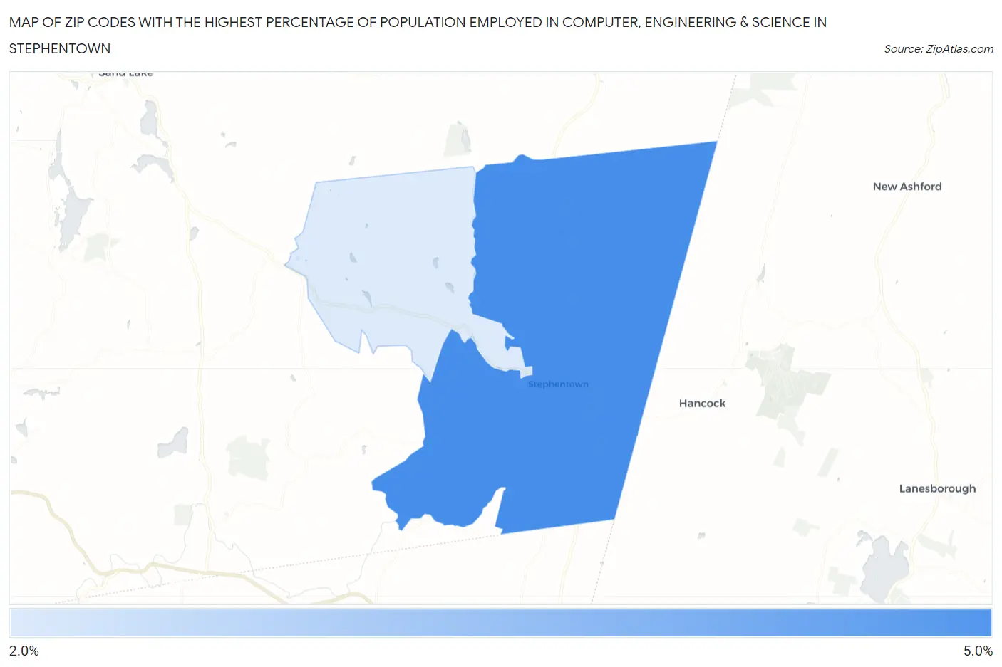 Zip Codes with the Highest Percentage of Population Employed in Computer, Engineering & Science in Stephentown Map