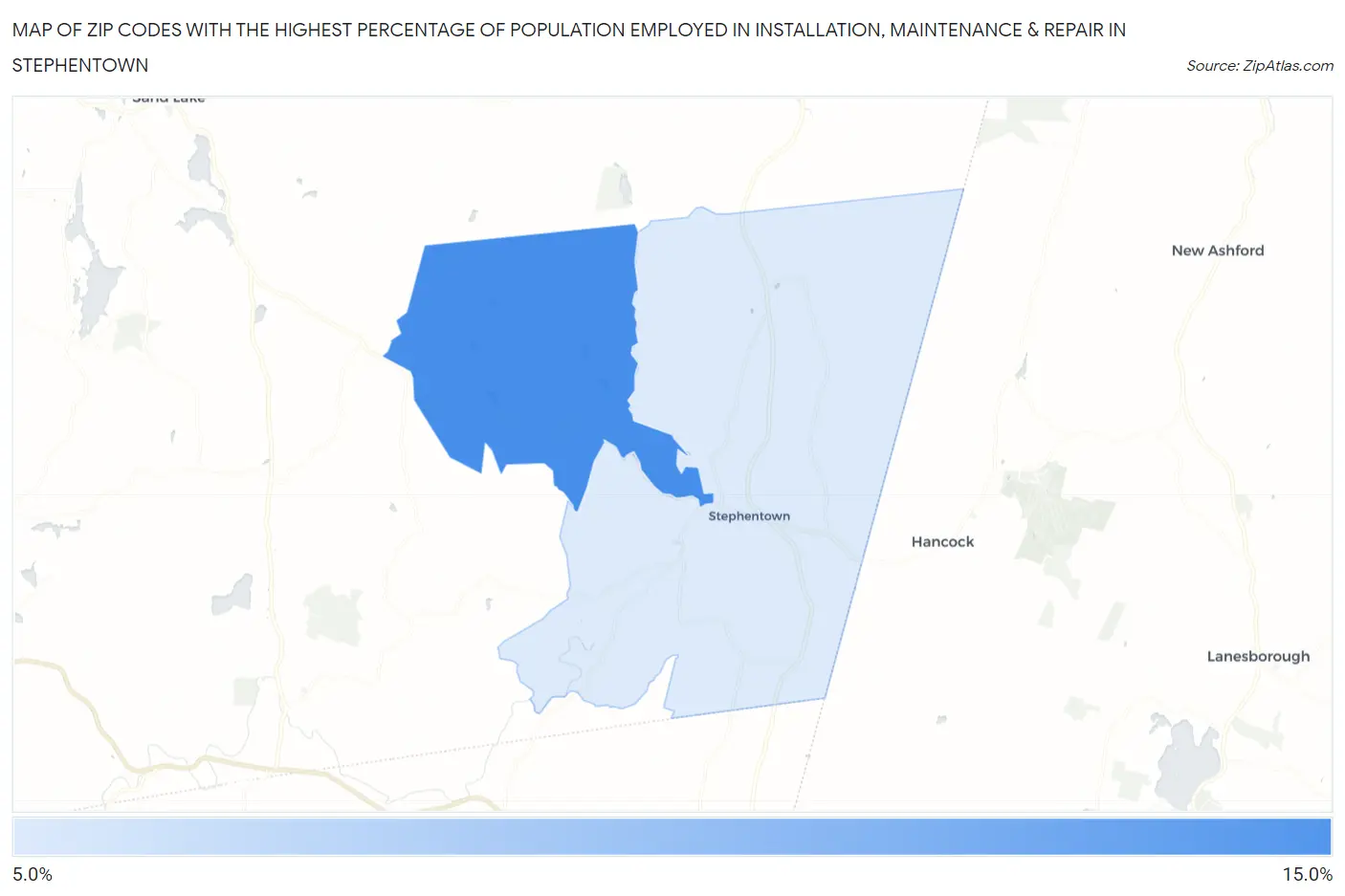 Zip Codes with the Highest Percentage of Population Employed in Installation, Maintenance & Repair in Stephentown Map