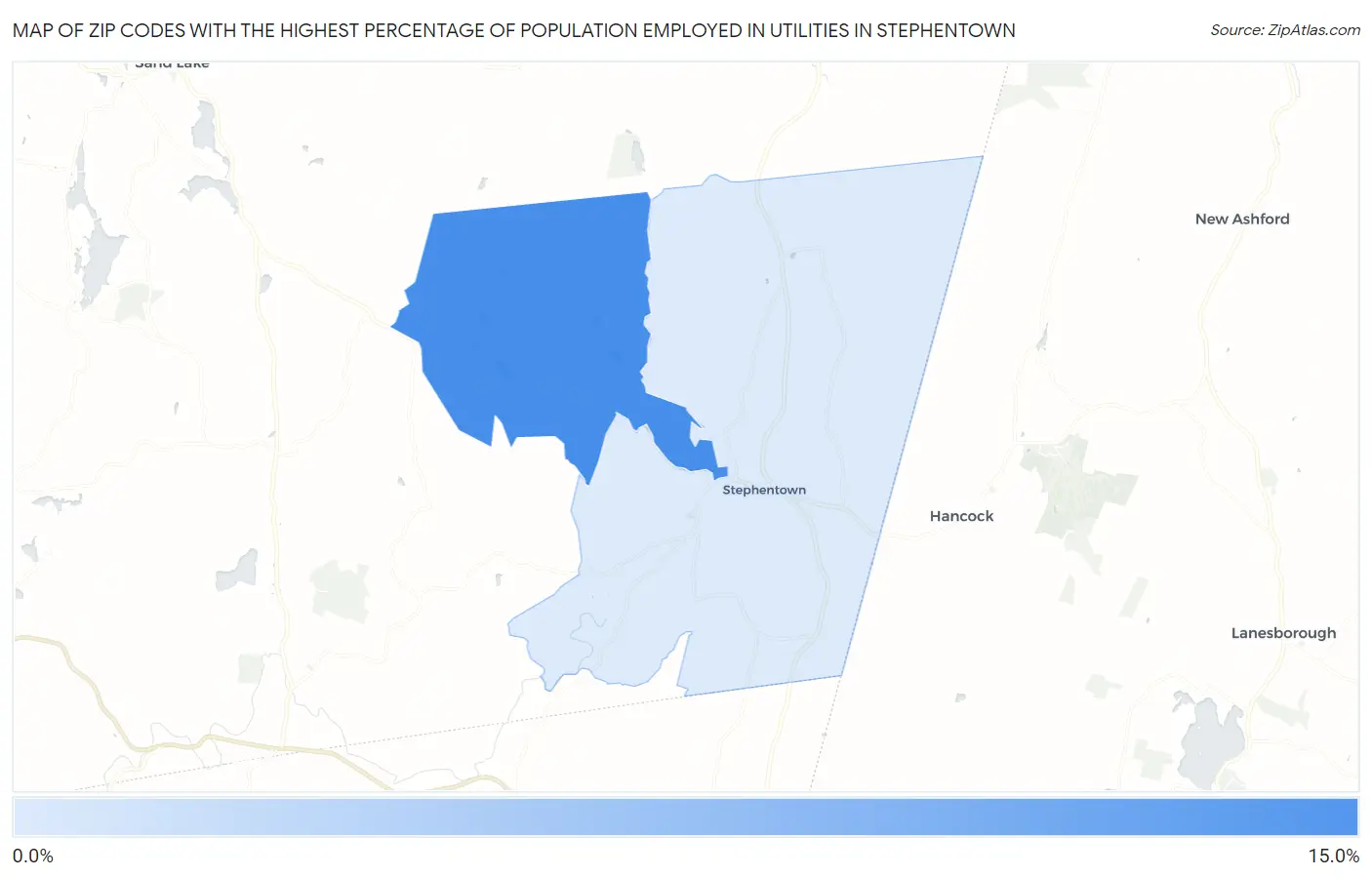 Zip Codes with the Highest Percentage of Population Employed in Utilities in Stephentown Map