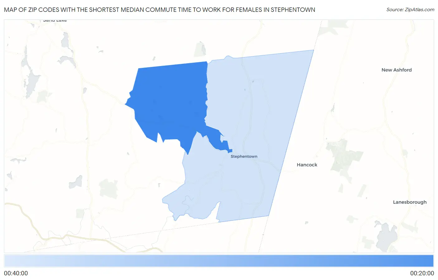 Zip Codes with the Shortest Median Commute Time to Work for Females in Stephentown Map