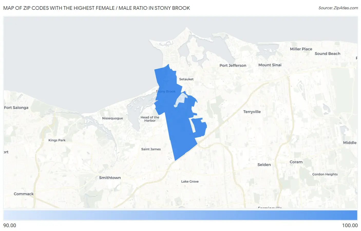 Zip Codes with the Highest Female / Male Ratio in Stony Brook Map