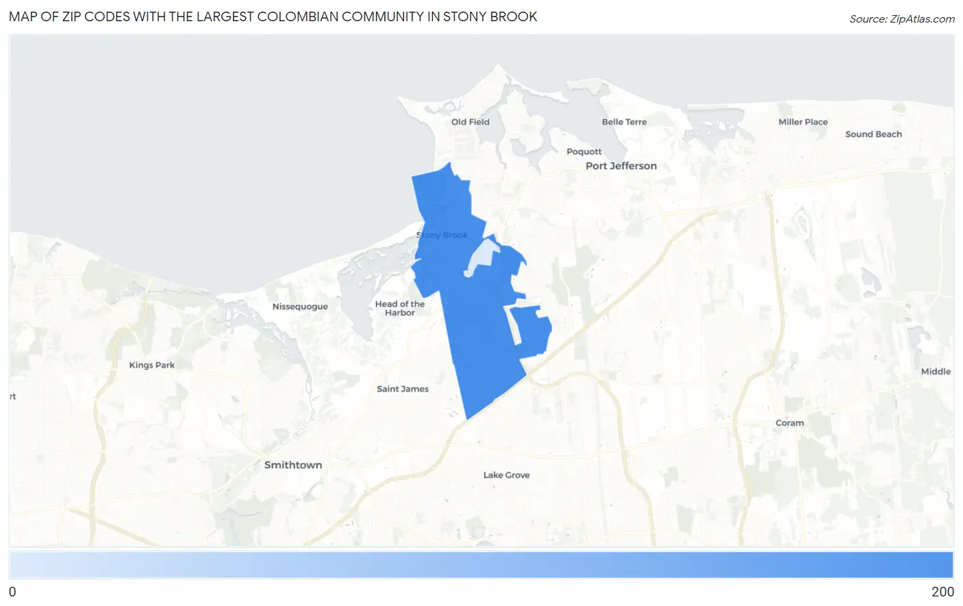 Zip Codes with the Largest Colombian Community in Stony Brook Map