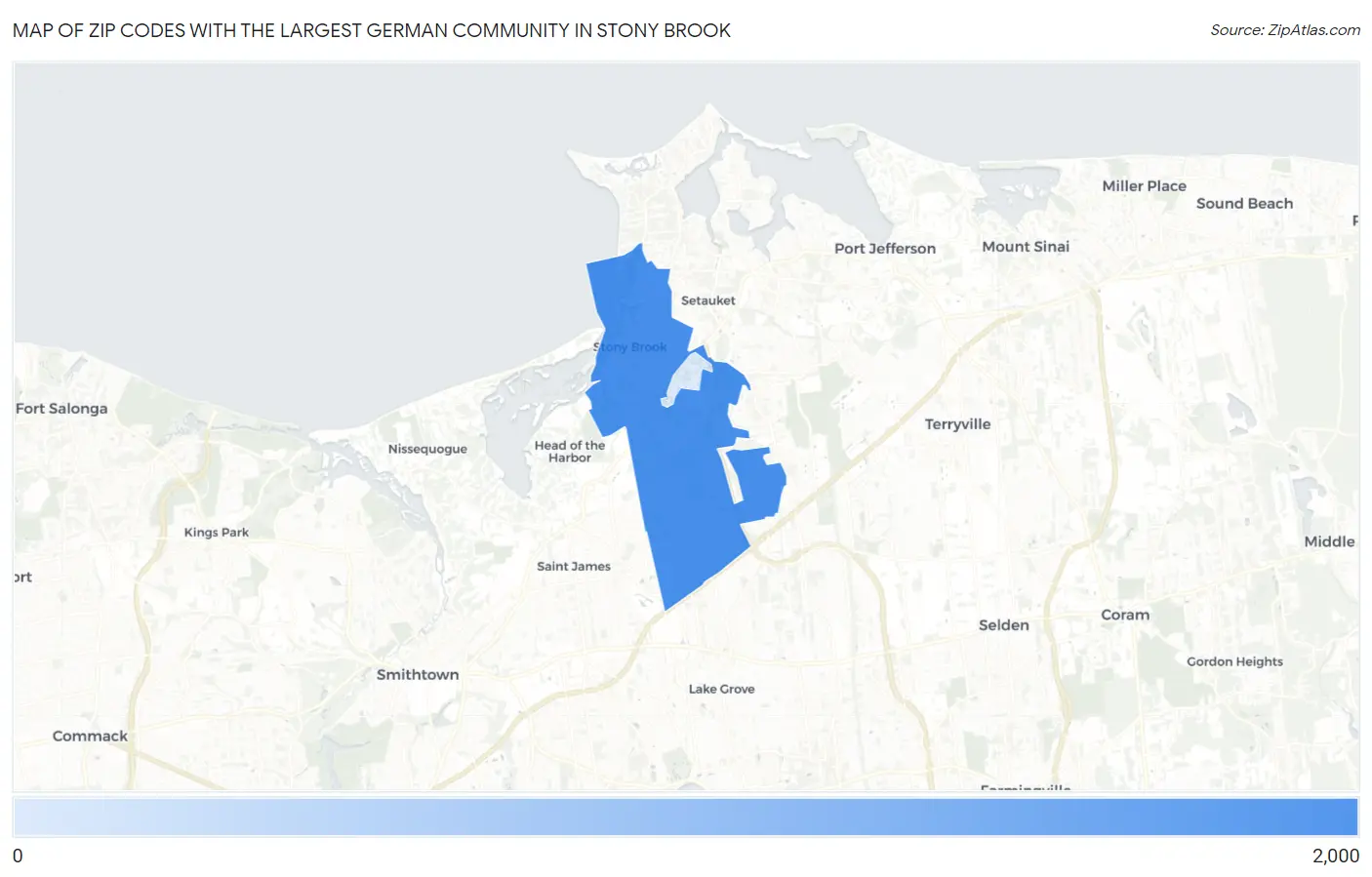 Zip Codes with the Largest German Community in Stony Brook Map