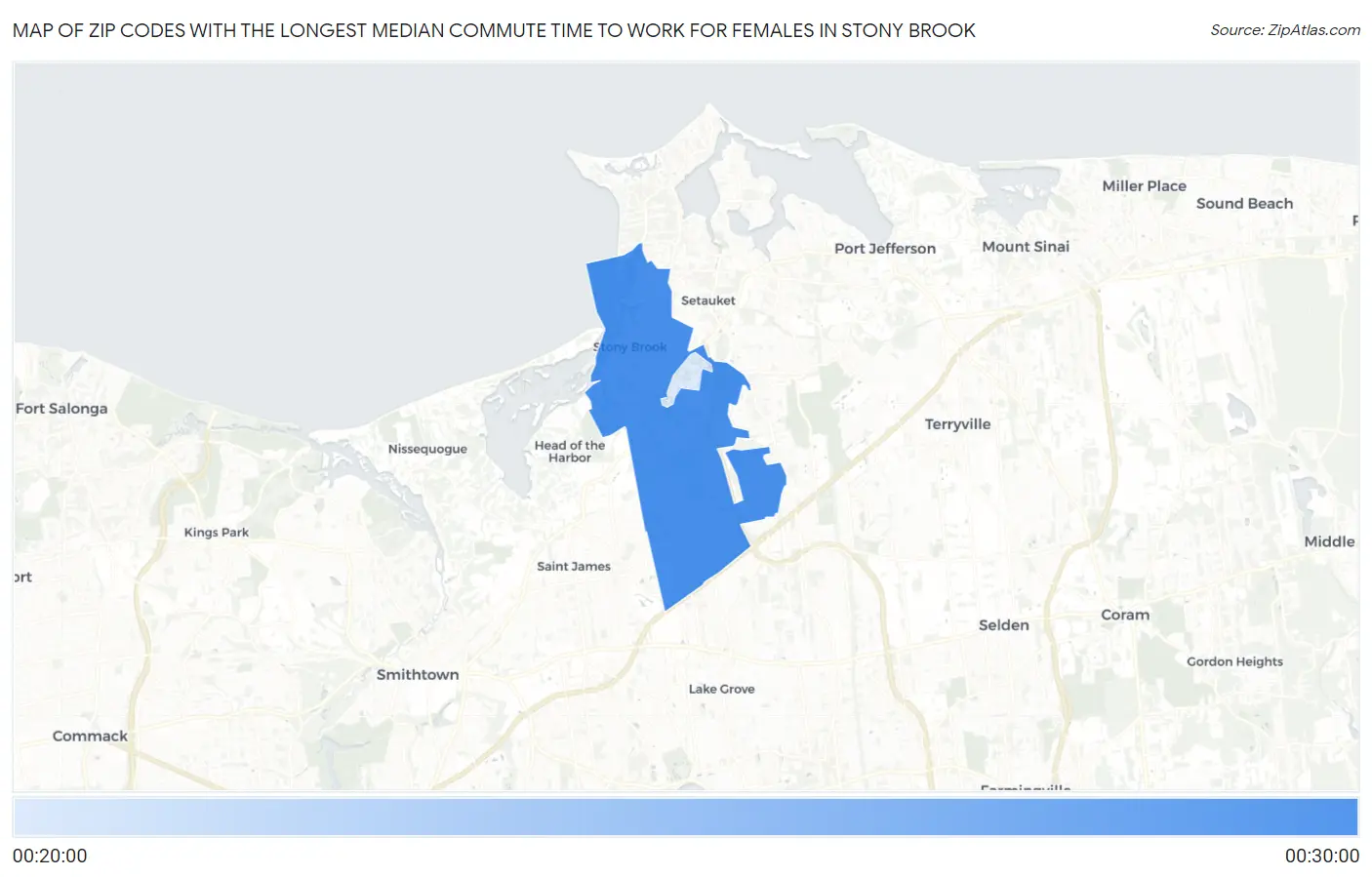 Zip Codes with the Longest Median Commute Time to Work for Females in Stony Brook Map