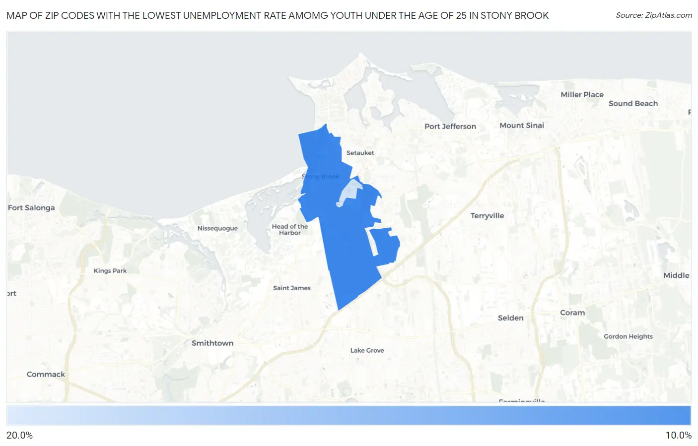 Zip Codes with the Lowest Unemployment Rate Amomg Youth Under the Age of 25 in Stony Brook Map