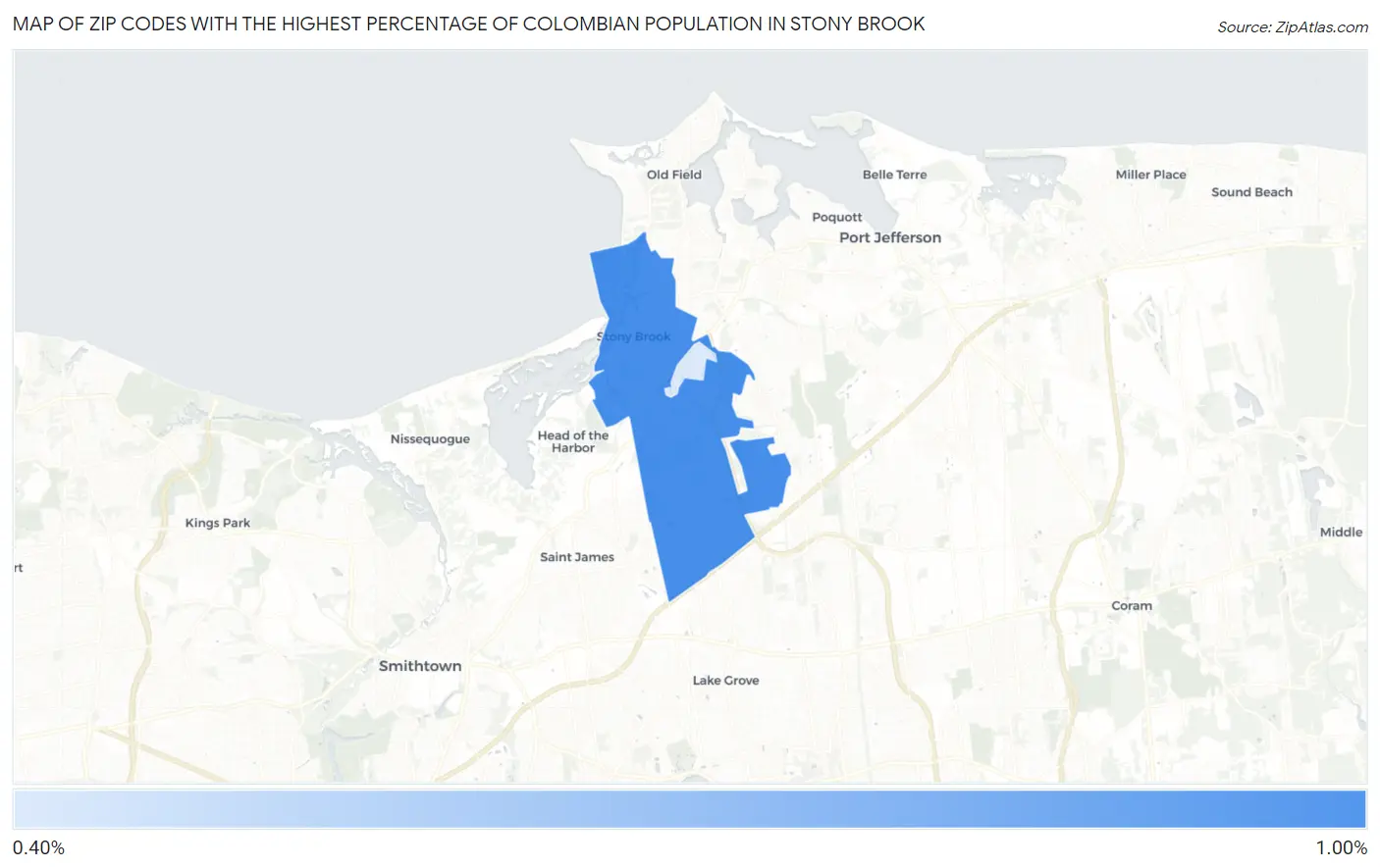 Zip Codes with the Highest Percentage of Colombian Population in Stony Brook Map