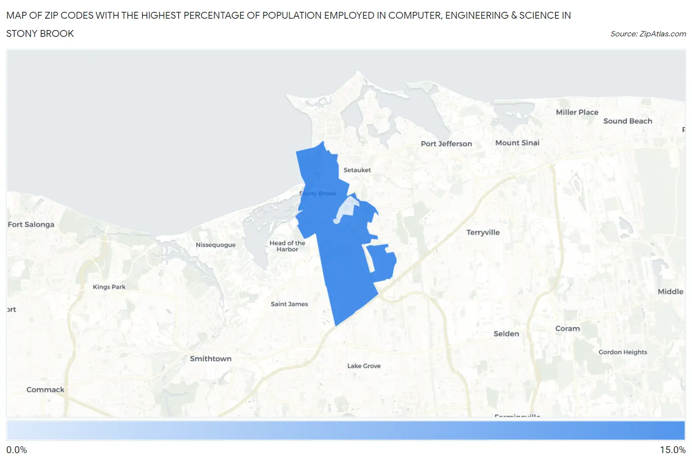 Zip Codes with the Highest Percentage of Population Employed in Computer, Engineering & Science in Stony Brook Map