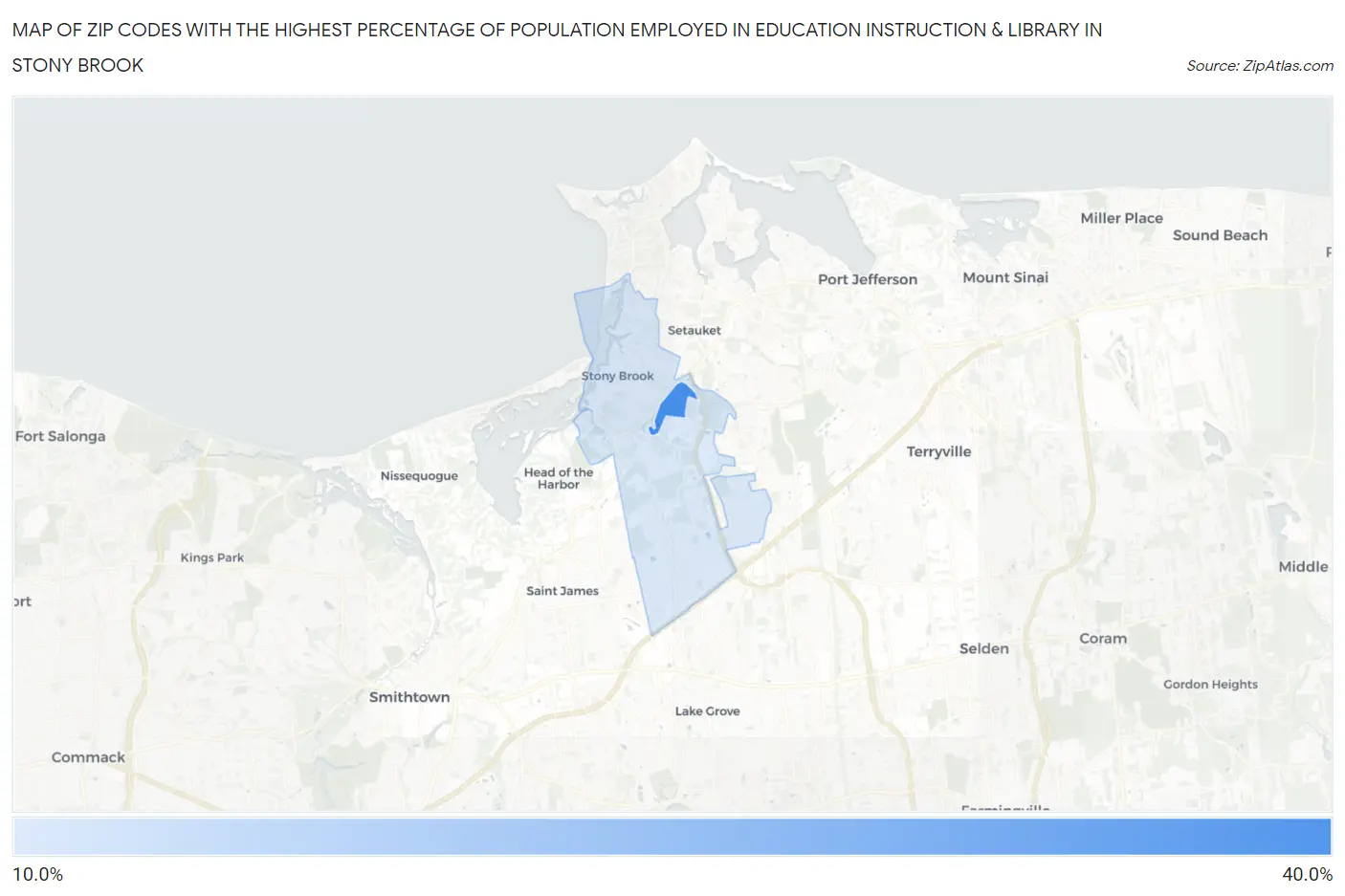 Zip Codes with the Highest Percentage of Population Employed in Education Instruction & Library in Stony Brook Map