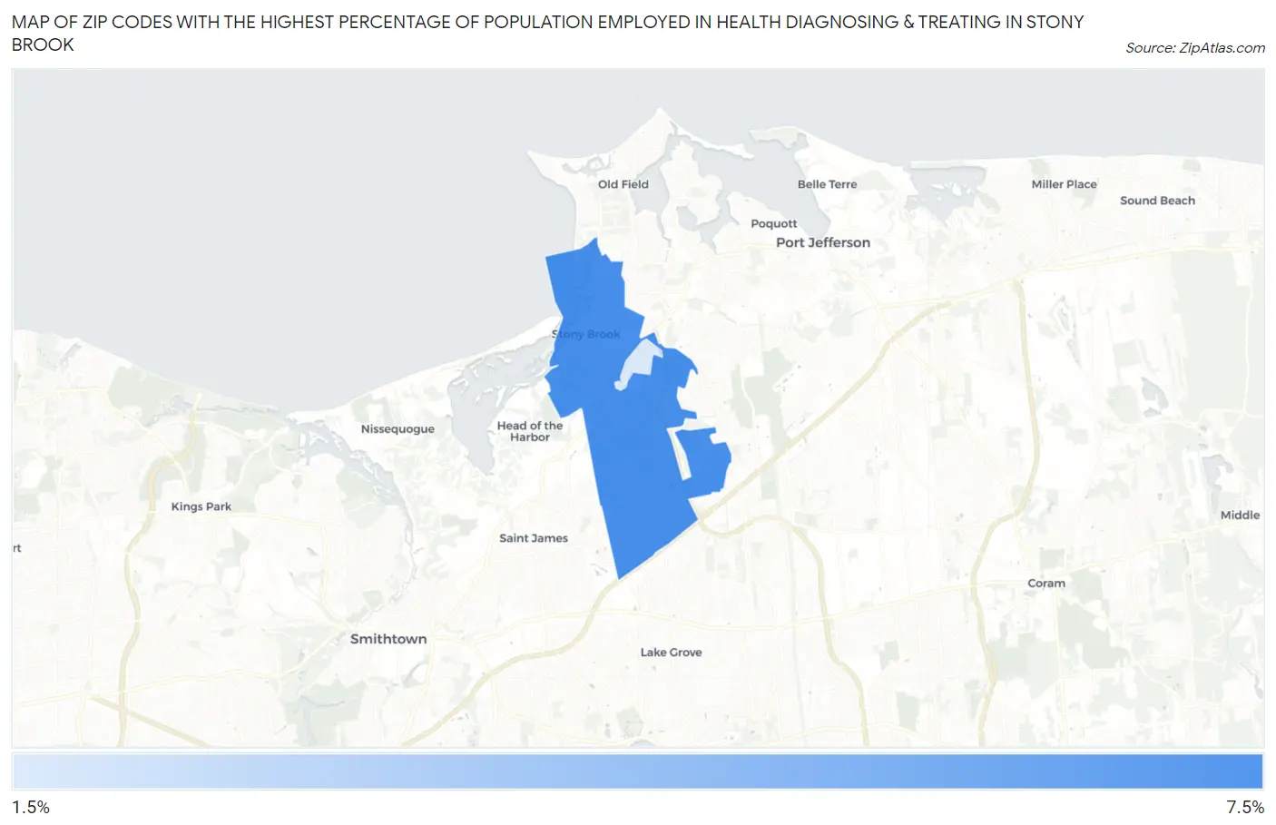 Zip Codes with the Highest Percentage of Population Employed in Health Diagnosing & Treating in Stony Brook Map