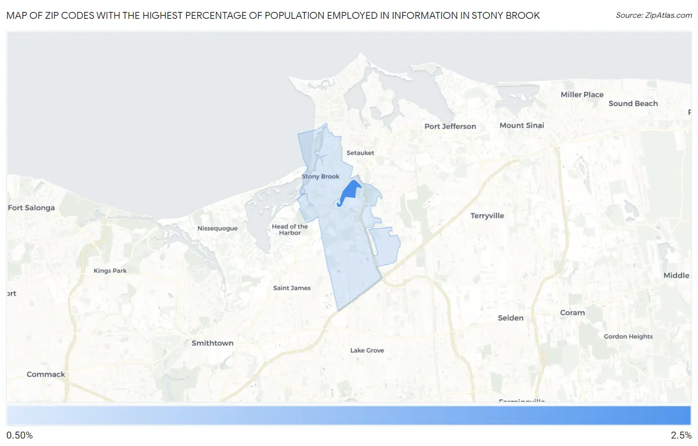 Zip Codes with the Highest Percentage of Population Employed in Information in Stony Brook Map