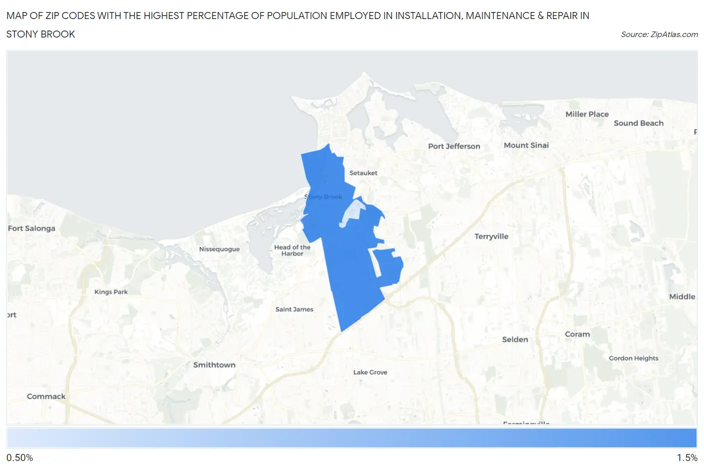 Zip Codes with the Highest Percentage of Population Employed in Installation, Maintenance & Repair in Stony Brook Map