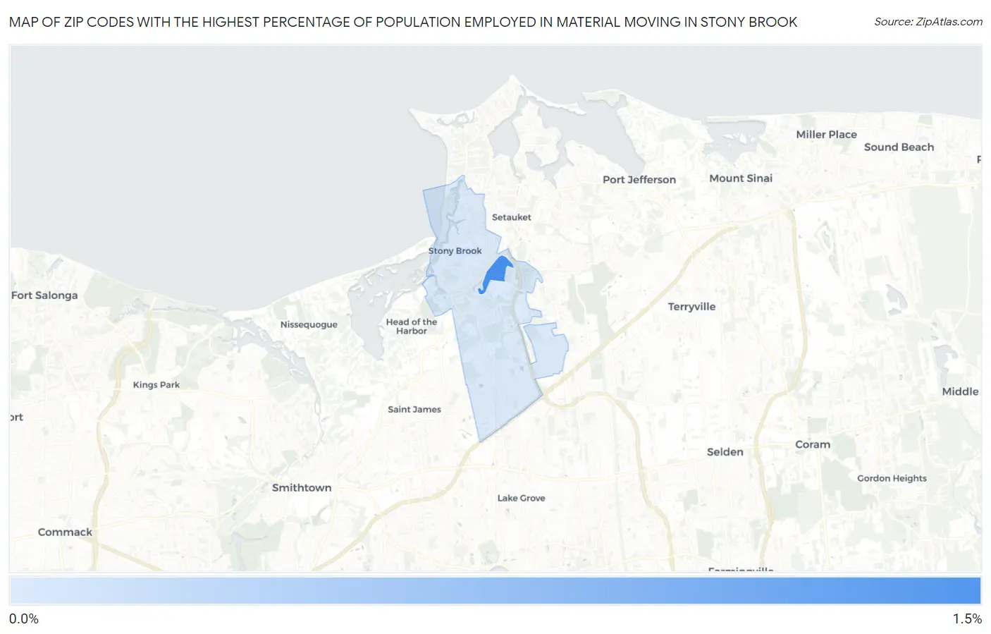 Zip Codes with the Highest Percentage of Population Employed in Material Moving in Stony Brook Map