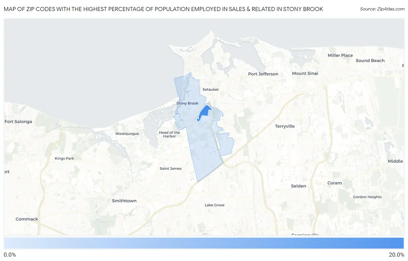 Zip Codes with the Highest Percentage of Population Employed in Sales & Related in Stony Brook Map