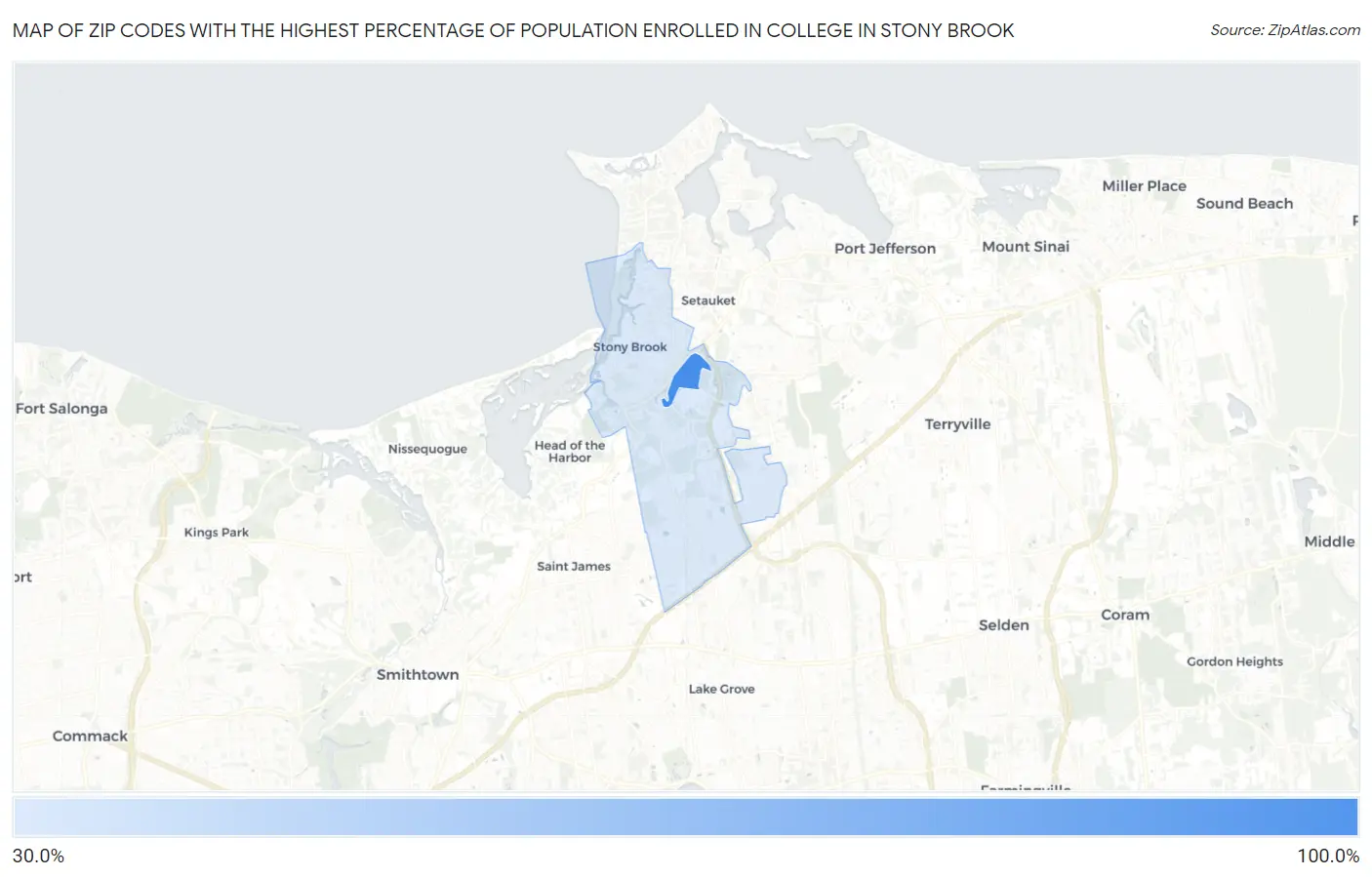 Zip Codes with the Highest Percentage of Population Enrolled in College in Stony Brook Map