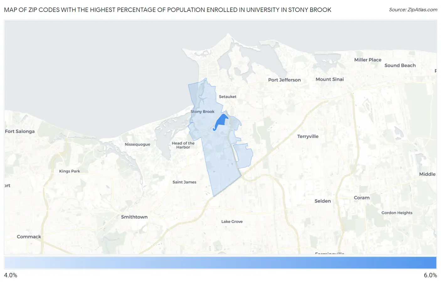 Zip Codes with the Highest Percentage of Population Enrolled in University in Stony Brook Map