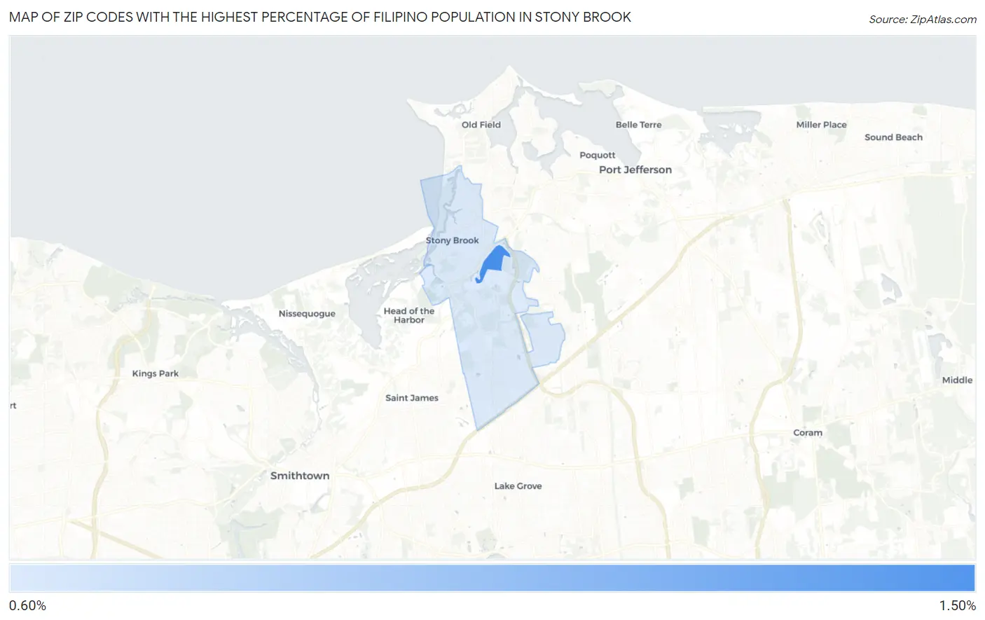 Zip Codes with the Highest Percentage of Filipino Population in Stony Brook Map