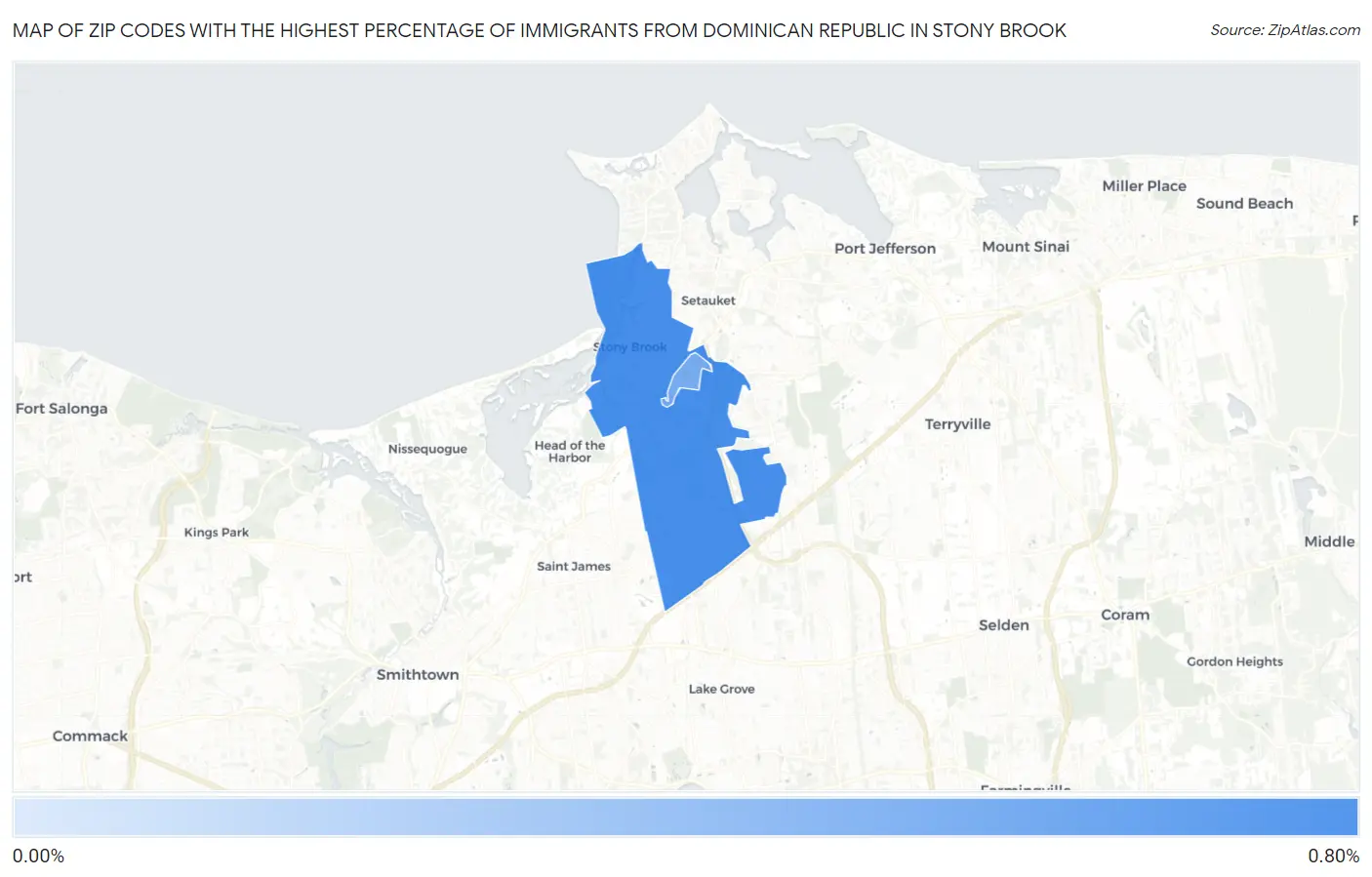 Zip Codes with the Highest Percentage of Immigrants from Dominican Republic in Stony Brook Map