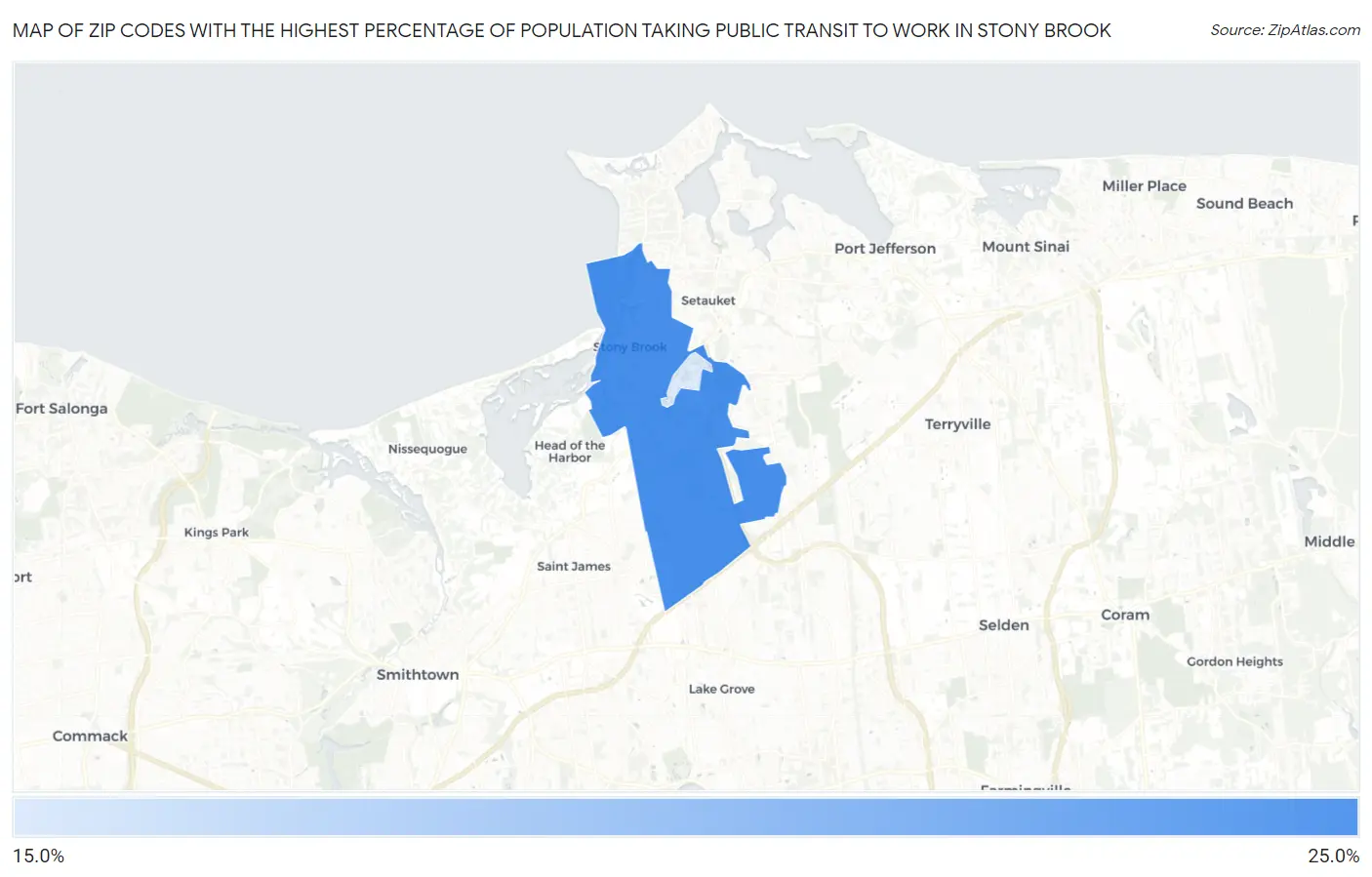 Zip Codes with the Highest Percentage of Population Taking Public Transit to Work in Stony Brook Map