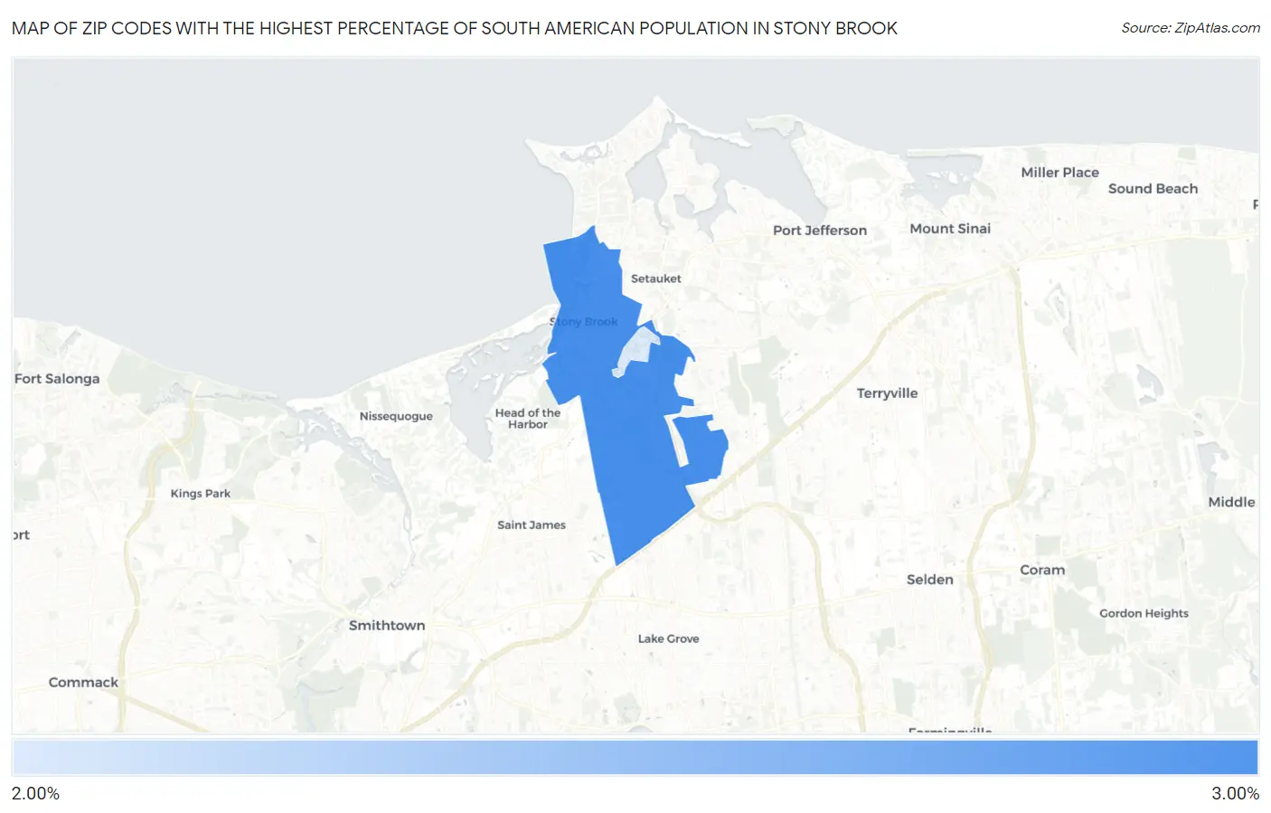 Zip Codes with the Highest Percentage of South American Population in Stony Brook Map