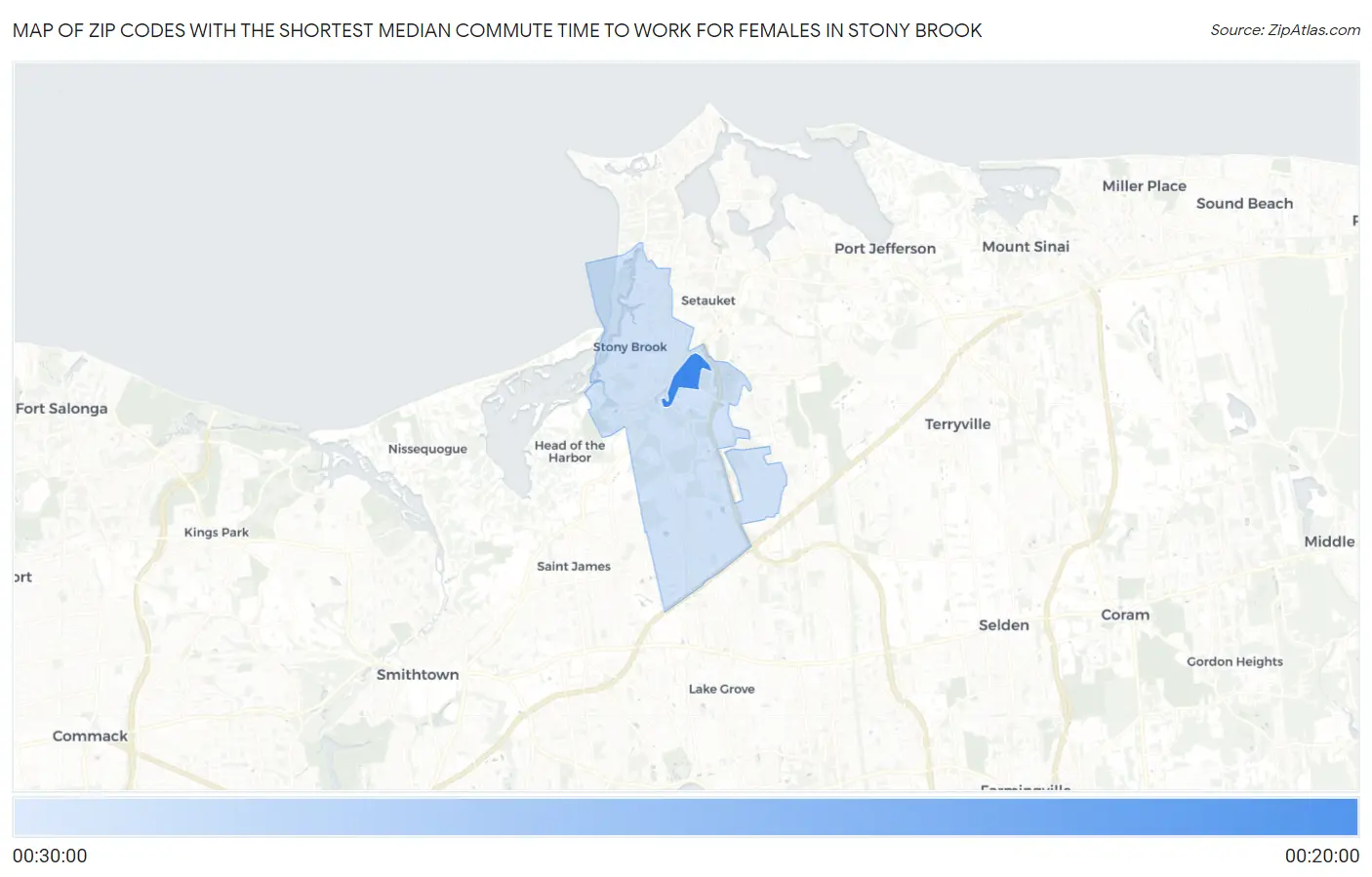 Zip Codes with the Shortest Median Commute Time to Work for Females in Stony Brook Map