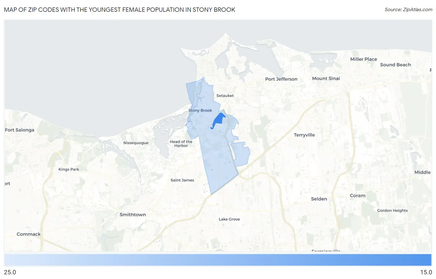 Zip Codes with the Youngest Female Population in Stony Brook Map