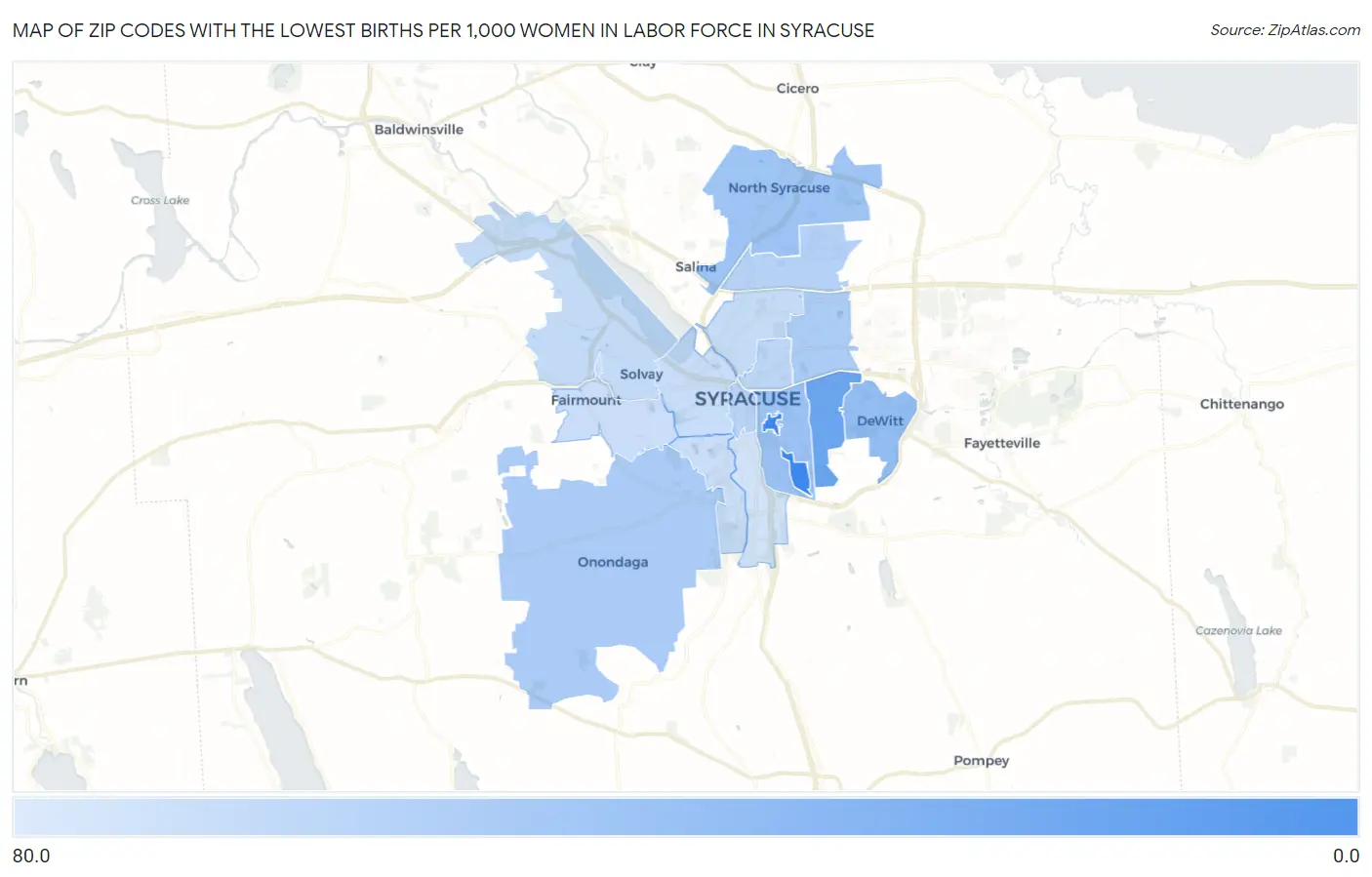 Zip Codes with the Lowest Births per 1,000 Women in Labor Force in Syracuse Map
