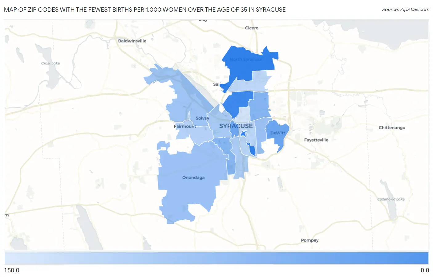 Zip Codes with the Fewest Births per 1,000 Women Over the Age of 35 in Syracuse Map