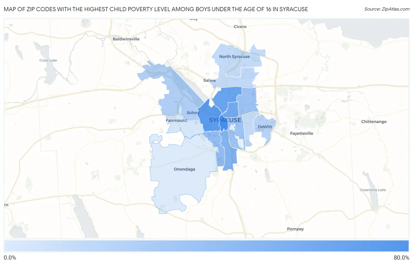 Zip Codes with the Highest Child Poverty Level Among Boys Under the Age of 16 in Syracuse Map