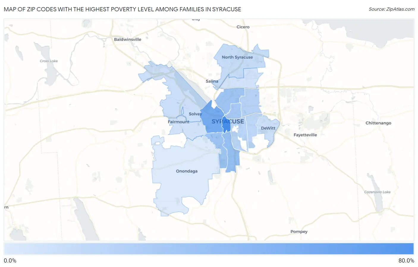 Zip Codes with the Highest Poverty Level Among Families in Syracuse Map