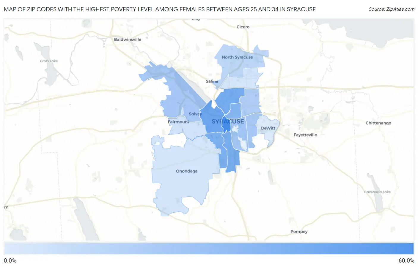 Zip Codes with the Highest Poverty Level Among Females Between Ages 25 and 34 in Syracuse Map