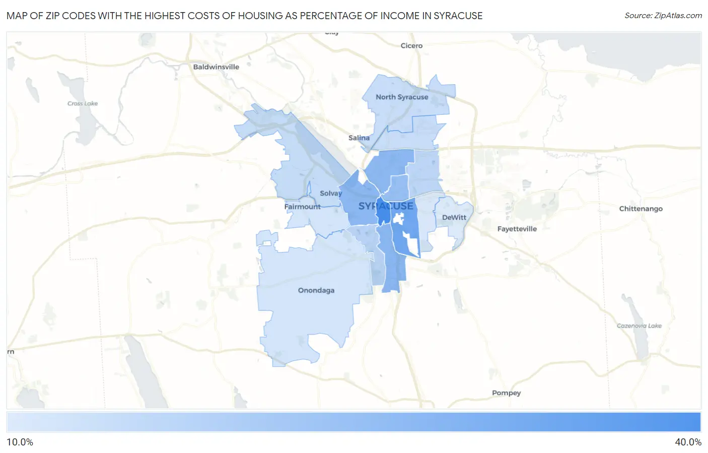 Zip Codes with the Highest Costs of Housing as Percentage of Income in Syracuse Map