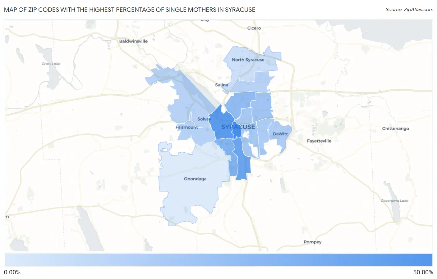 Zip Codes with the Highest Percentage of Single Mothers in Syracuse Map