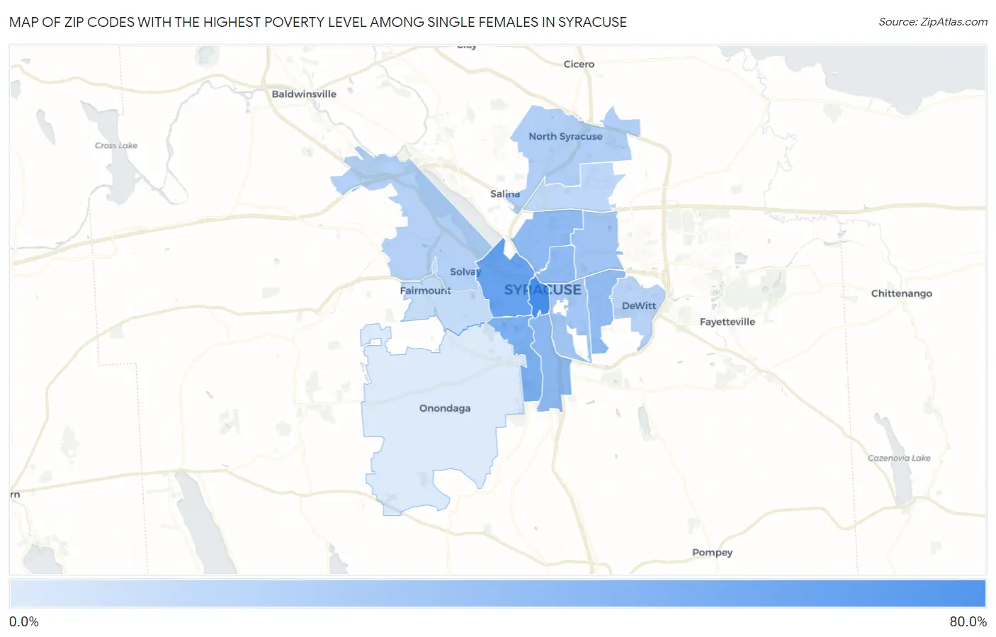 Zip Codes with the Highest Poverty Level Among Single Females in Syracuse Map