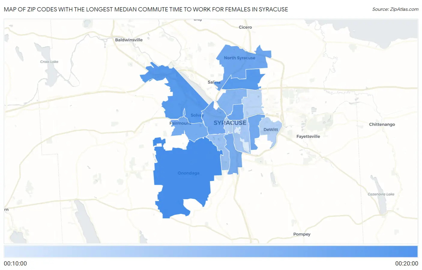 Zip Codes with the Longest Median Commute Time to Work for Females in Syracuse Map