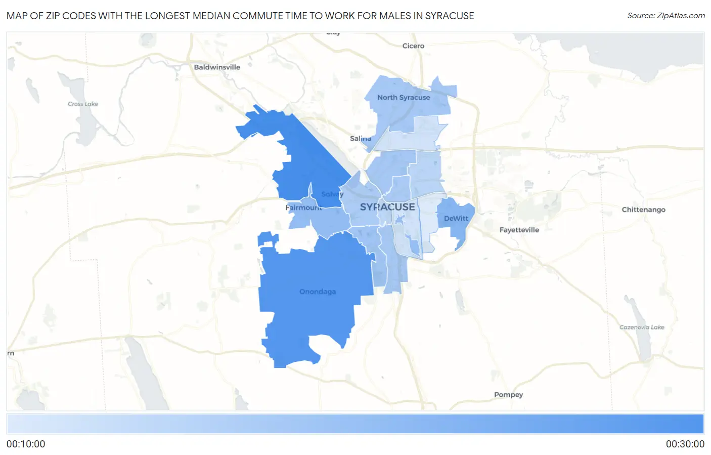Zip Codes with the Longest Median Commute Time to Work for Males in Syracuse Map
